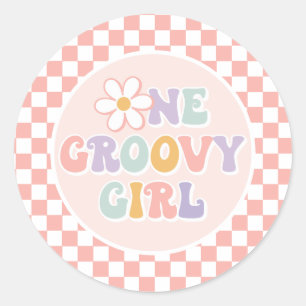 One Groovy girl Pink Daisy Chequered Classic Round Sticker