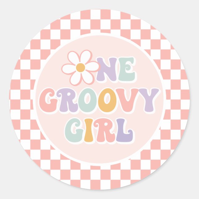 One Groovy girl Pink Daisy Chequered Classic Round Sticker (Front)
