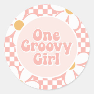 One Groovy girl Pink Daisy Chequered Classic Round Sticker
