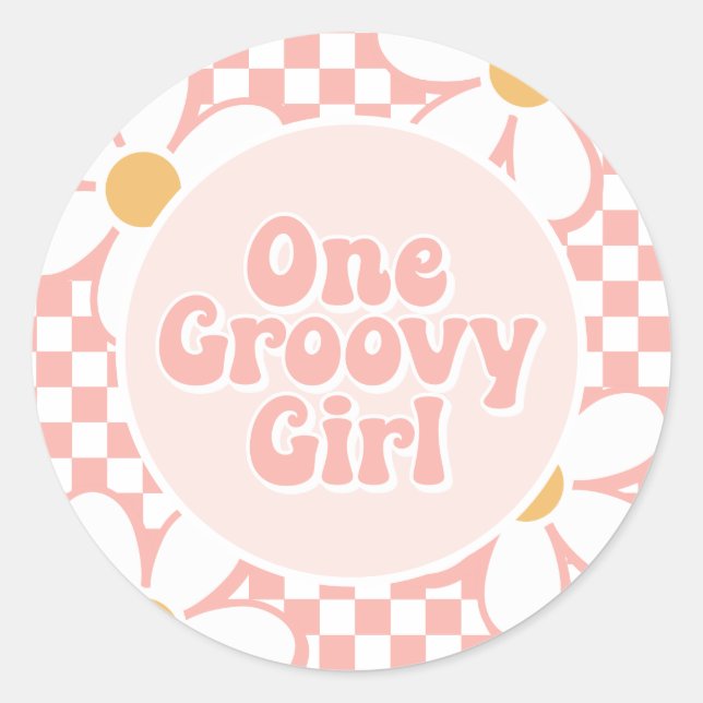 One Groovy girl Pink Daisy Chequered Classic Round Sticker (Front)