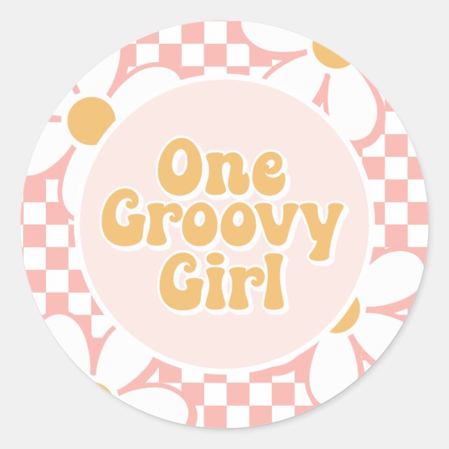 One Groovy girl Pink Daisy Chequered Classic Round Sticker (Front)