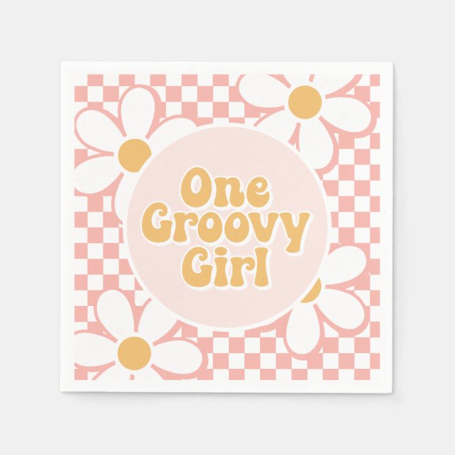 One Groovy girl Pink Daisy Chequered Napkin (Front)