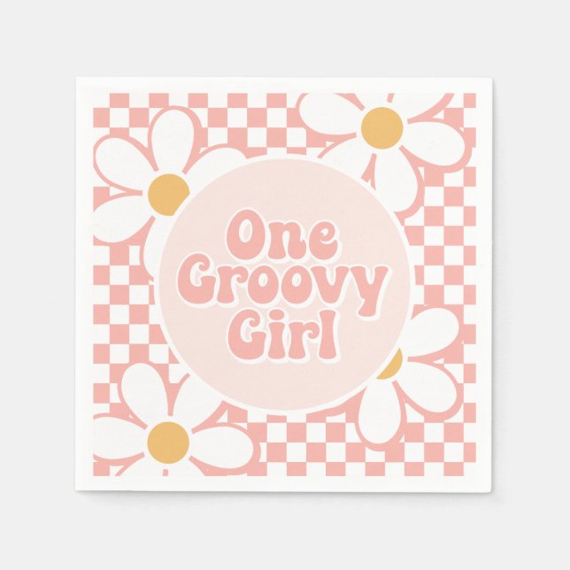 One Groovy girl Pink Daisy Chequered Napkin (Front)