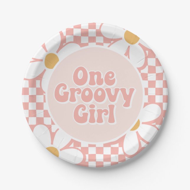 One Groovy girl Pink Daisy Chequered Paper Plate (Front)