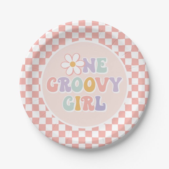 One Groovy girl Pink Daisy Chequered Paper Plate (Front)