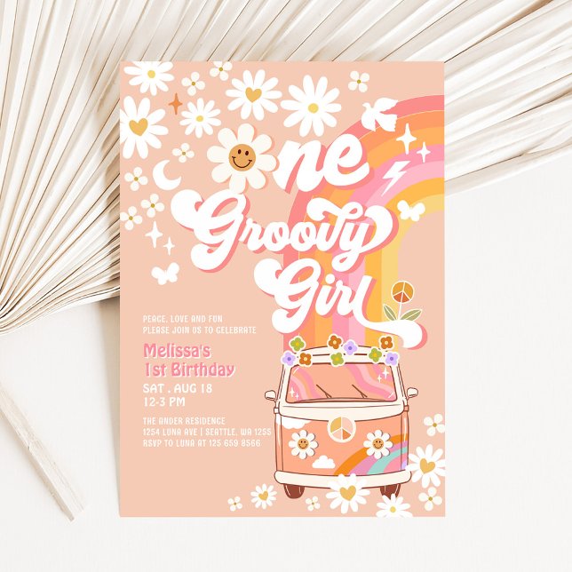 ONE Groovy Girl Pink Peach Van Daisy 1st Birthday Invitation (Creator Uploaded)