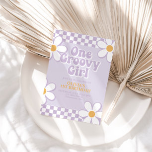 One Groovy Girl Retro Check Lilac Daisy Invitation