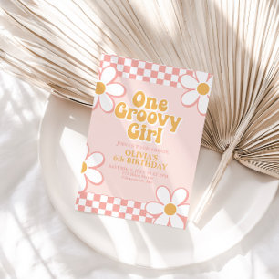 One Groovy Girl Retro Check Pink Daisy Invitation