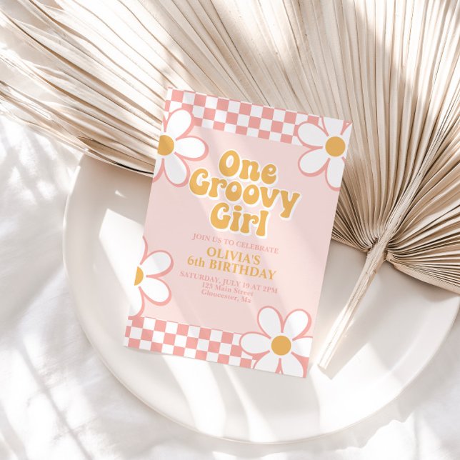 One Groovy Girl Retro Check Pink Daisy Invitation (Creator Uploaded)