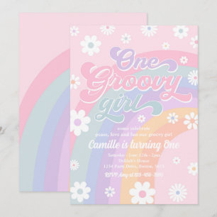 One Groovy Girl Retro Daisy Pink Rainbow Birthday Invitation