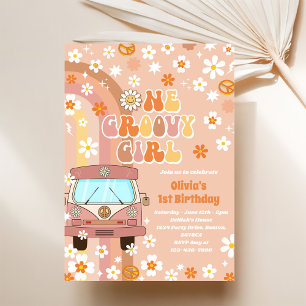 One Groovy Girl Retro Rainbow 1st Birthday Invitation
