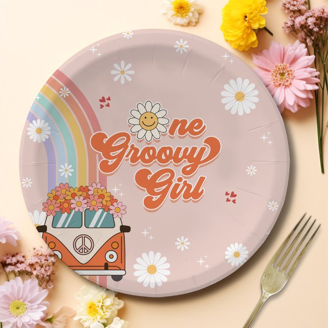 One Groovy Girl Retro Rainbow 1st Birthday Paper Plate (Creator Uploaded)