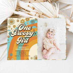 One Groovy Girl Retro Rainbow 1st Birthday Photo Invitation