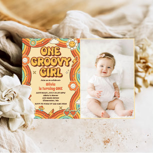 One Groovy Girl Retro Rainbow 1st Birthday Photo Invitation