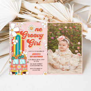 One Groovy Girl Retro Rainbow 1st Birthday Photo Invitation