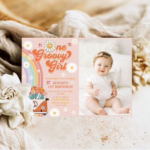 One Groovy Girl Retro Rainbow 1st Birthday Photo Invitation