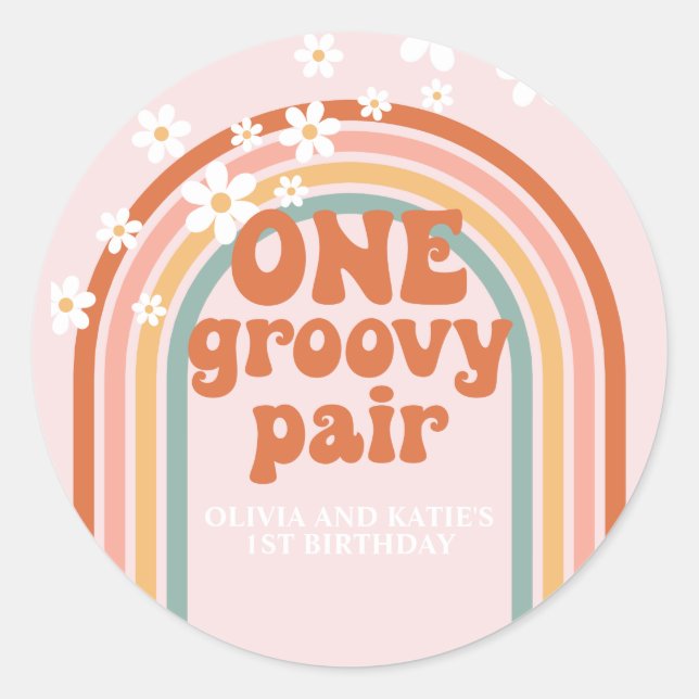 One Groovy Pair daisy rainbow 1st birthday Classic Round Sticker (Front)