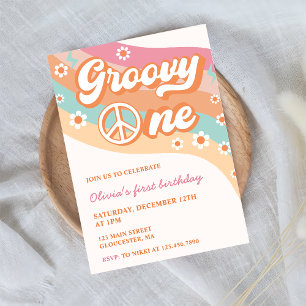 One Groovy Retro Daisy 1st Birthday Party  Invitation