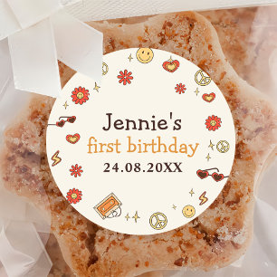 One Groovy Retro Rainbow 1st Birthday Classic Round Sticker
