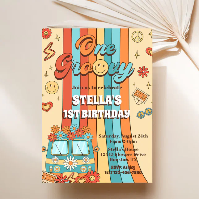 One Groovy Retro Rainbow 1st Birthday Party Invitation | Zazzle