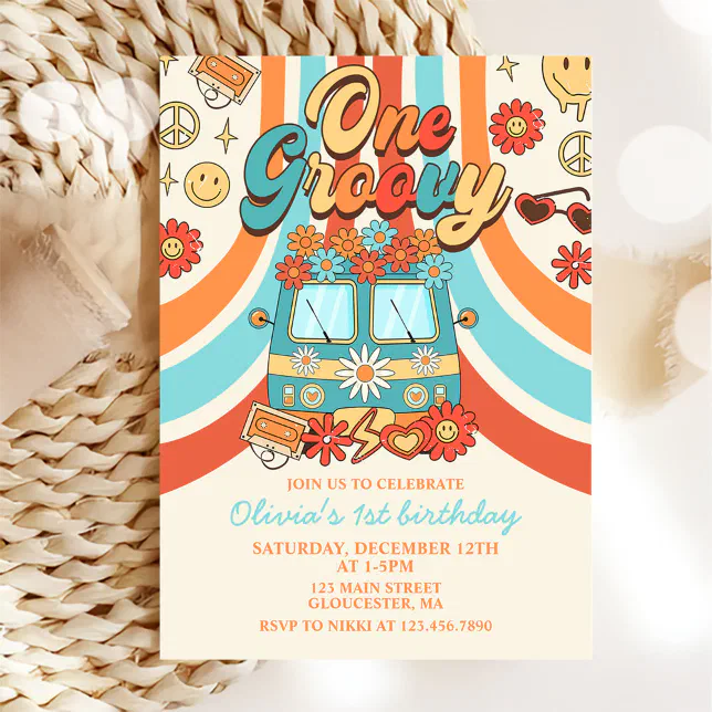 One Groovy Retro Rainbow 1st Birthday Party Invitation | Zazzle