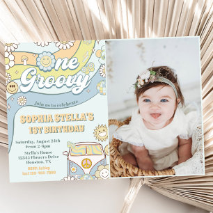 One Groovy Retro Rainbow 1st Birthday Party Photo Invitation