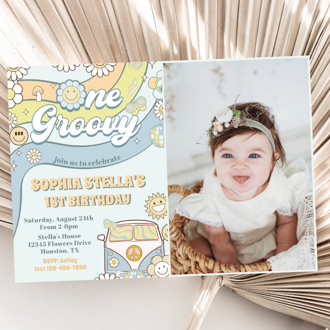 One Groovy Retro Rainbow 1st Birthday Party Photo Invitation (Creator Uploaded)