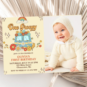 One Groovy Retro Rainbow 1st Birthday Party Photo Invitation