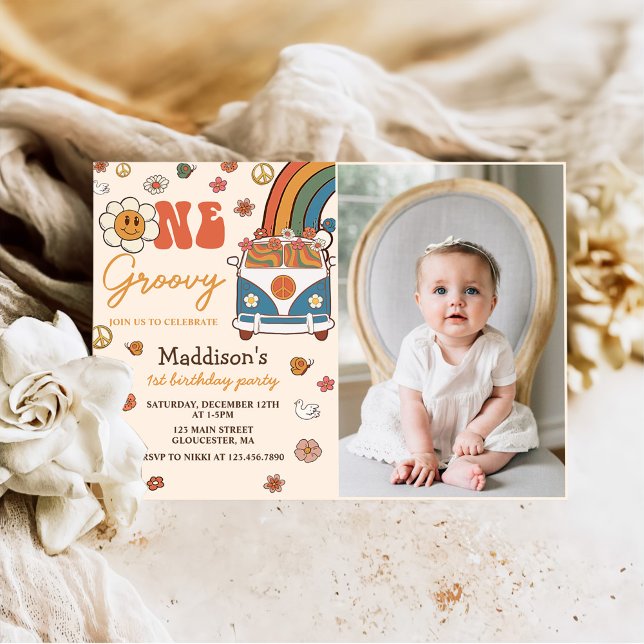 One Groovy Retro Rainbow 1st Birthday Party Photo Invitation (Creator Uploaded)