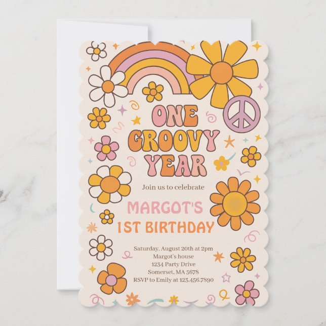 One Groovy Year 1st Birthday Party Invitation (Front)