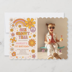 One Groovy Year 1st Birthday Party Photo Invitation