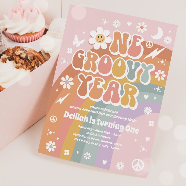One Groovy Year Peace Love Party Rainbow Birthday Invitation (Creator Uploaded)
