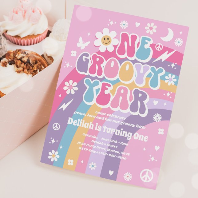 One Groovy Year Peace Love Party Rainbow Birthday Invitation (Creator Uploaded)
