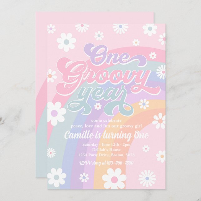 One Groovy Year Retro Daisy Pink Rainbow Birthday Invitation (Front/Back)