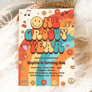 One Groovy Year Retro Rainbow 1st Birthday Party Invitation
