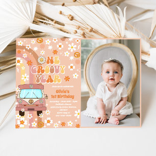 One Groovy Year Retro Rainbow 1st Birthday Photo Invitation
