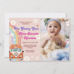 One Groovy Year Retro Rainbow 1st Birthday Photo Invitation