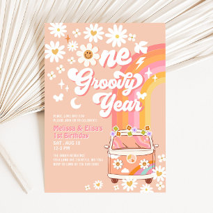 ONE Groovy Year Twin Pink Peach 1st Birthday Invitation