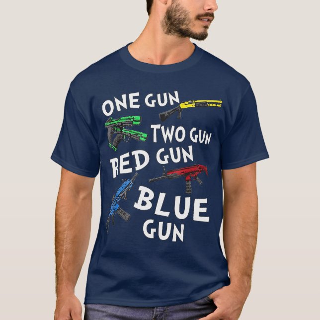 One Gun Two Gun Red Gun Blue Gun T-Shirt (Front)