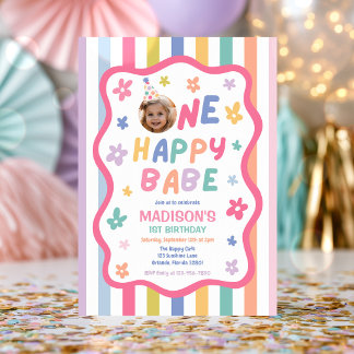 One Happy Babe Colourful Pastel 1st Birthday Party Invitation