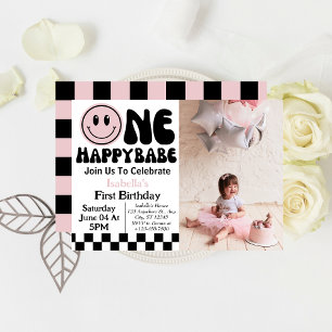 One Happy Babe Girl 1st  Birthday Photo  Invitation