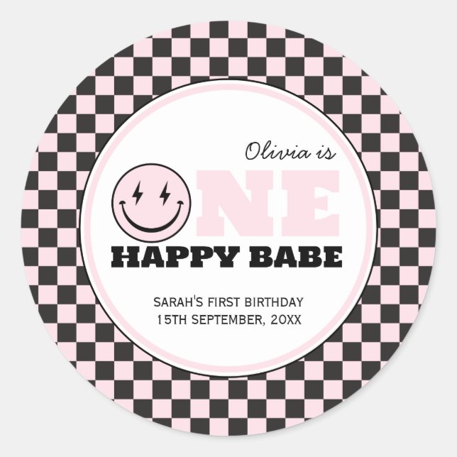 One Happy Babe Girls Pink 1st Birthday Classic Round Sticker (Front)