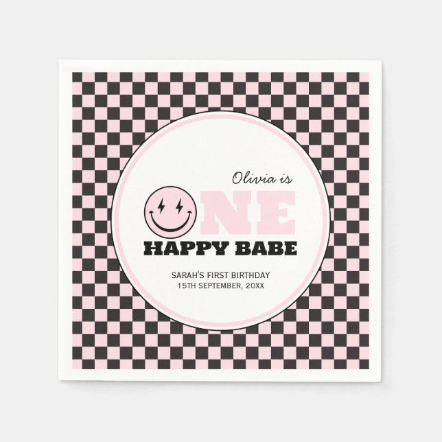 One Happy Babe Girls Pink 1st Birthday Napkin (Front)
