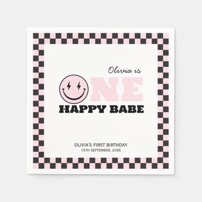 One Happy Babe Girls Pink 1st Birthday Napkins (Front)