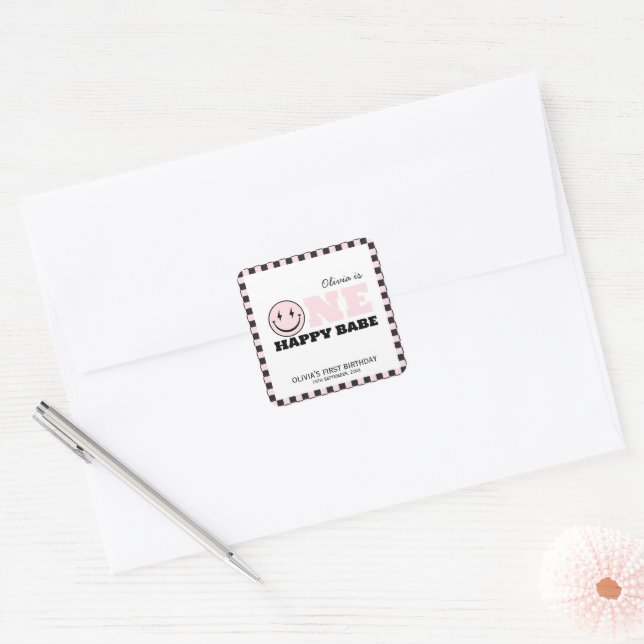 One Happy Babe Girls Pink 1st Birthday  Square Sticker (Envelope)