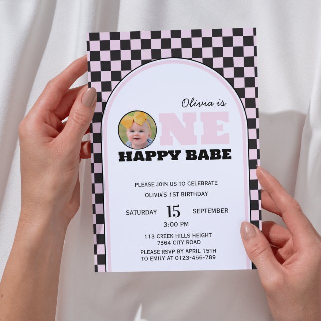One Happy Babe Girls Pink Photo Birthday  Invitation (Creator Uploaded)