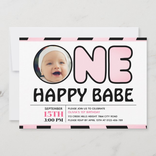 One Happy Babe Groovy Check Girl Photo Birthday  Invitation (Front)