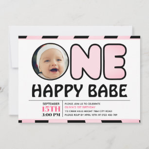 One Happy Babe Groovy Check Girl Photo Birthday  Invitation