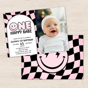 One Happy Babe Groovy Pink Check Photo Birthday Invitation