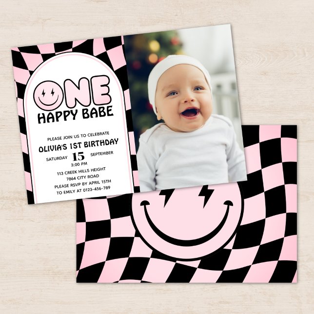 One Happy Babe Groovy Pink Check Photo Birthday Invitation (Creator Uploaded)